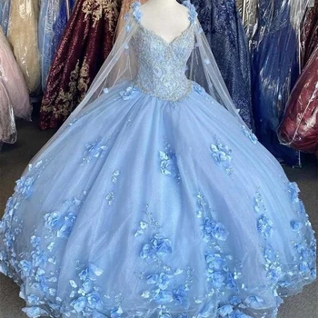 ANGELSBRIDEP, Светло-голубые Пышные платья, 15 Вечерних платьев, 3D Кружевная аппликация в виде цветка, Роскошная Принцесса На День Рождения С Накидкой