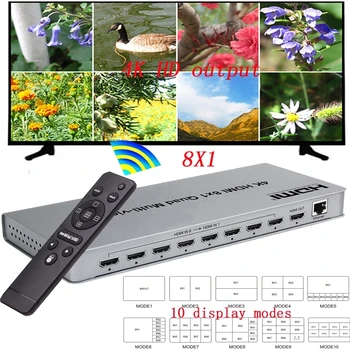 4K HDMI 8x1 Quad Multi-viewer HDMI Switcher 8 в 1 выходе Бесшовный переключатель Multiviewer Конвертер с разделителем ИК-экрана