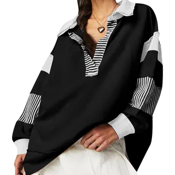Женские толстовки оверсайз, рубашки с V-образным вырезом и воротником-стойкой, пуловеры, топы в цветную полоску с длинными рукавами.