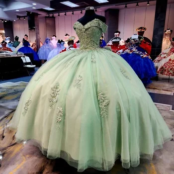 2024 Шалфейно-Зеленый Лиф С Открытыми Плечами, Пышное Платье С Аппликацией, Кружевные Коктейльные Платья В Виде Сердечка, Vestidos De Baile На Заказ