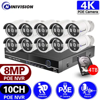 8MP POE 10CH NVR Система Камер Видеонаблюдения 8CH H.265 + 4K NVR Рекордер Металлическая Камера Безопасности Аудиозапись POE IP-Камера