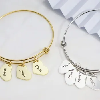 Персонализированный браслет для женщин с сердцем, Индивидуальные выгравированные 1-3 имени, Регулируемые браслеты из нержавеющей стали для подарка ювелирных изделий маме