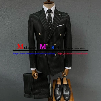 Мужские деловые костюмы в черную полоску, двубортные комплекты блейзеров Slim Fit, 2 предмета, повседневная мужская одежда для выпускного вечера, Homme Ensemble