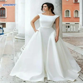 Простое свадебное платье трапециевидной формы с круглым вырезом, Элегантное свадебное платье в пол с коротким рукавом, пляжное Vestidos De Novia