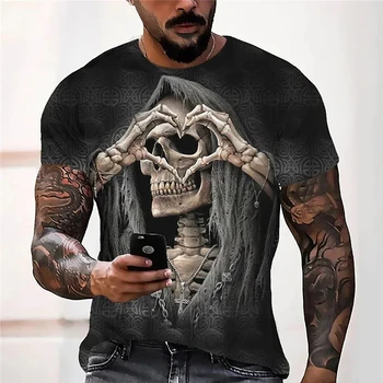 2023 Мужская футболка с черепом, 3D-принтом, мужская и женская универсальная футболка с круглым вырезом, негабаритный винтажный топ с короткими рукавами, DJ ткань