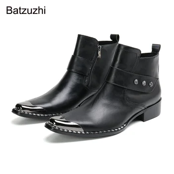 Batzuzhi Iron Head/ черные мужские ботильоны ручной работы; мужские ботинки на молнии с пряжками в стиле Рок; Botas Hombre, большие размеры 37-46!