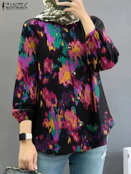 ZANZEA Модная Женская рубашка Осенние мусульманские топы с длинным рукавом Повседневные Дубай Турция Блузка Абая Исламская одежда с цветочным принтом 2023