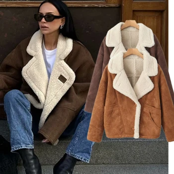 Увядшее французское винтажное пальто из овечьего флиса 2023 года, свободная зимняя куртка с лацканами, женская парка-блоггер