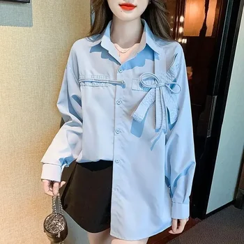 Женская однотонная рубашка-кардиган с отложным воротником и бантом в стиле пэчворк, весенне-осенняя Корейская свободная блузка на пуговицах с длинными рукавами Z711
