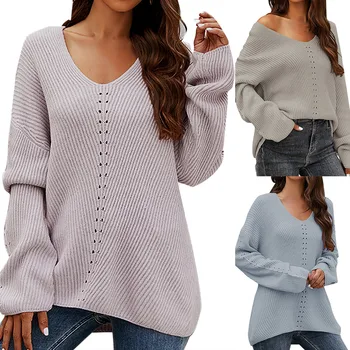 Новый женский свитер осени 2023, Вязаный топ, классические базовые женские пуловеры с V-образным вырезом, свитера, Мягкие джемперы для девочек, уличная одежда