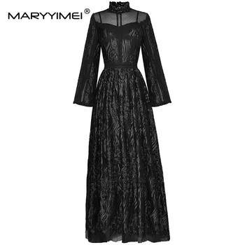 MARYYIMEI Модное подиумное платье Осеннее женское платье со стоячим воротником и расклешенными рукавами, сетчатые красные вечерние платья Макси