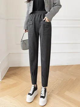 Новые осенне-зимние брюки 2023 года для женщин в корейском стиле с высокой талией, эластичными передними карманами, бежевые, серые или черные уличные брюки