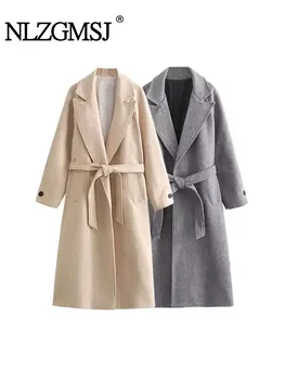 Nlzgmsj TRAF 2024, Модное женское двустороннее шерстяное пальто с большим поясом с лацканами, свободные теплые пальто, зимняя куртка