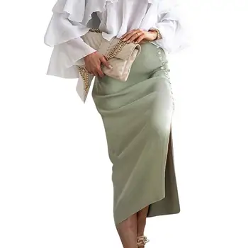 Осенняя трикотажная юбка-карандаш Миди на пуговицах с разрезом по бокам, однотонная женская юбка до середины икры, женская одежда