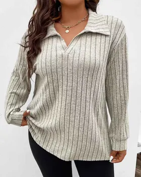 Женская повседневная футболка большого размера, однотонный рубчатый пуловер с длинным рукавом и воротником-лацканом