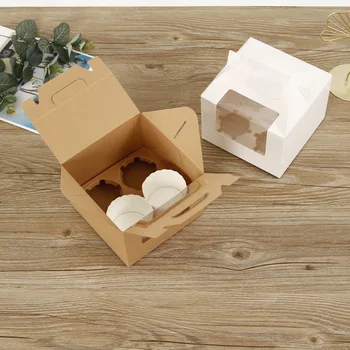 10шт, бумажный стаканчик с 4 зернами, коробка для торта, прозрачное окно, коробка для маффинов, Белый картон, портативная коробка для упаковки выпечки, креативные подарочные коробки