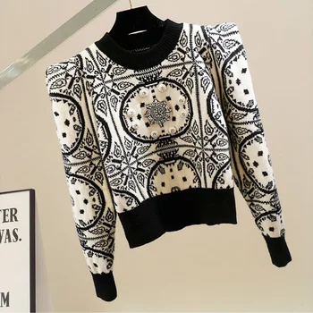 Геометрический вязаный женский свитер с круглым вырезом, расшитый мягкими бриллиантами, расшитый бисером, Корейские модные джемперы, женские короткие пуловеры, шикарные топы