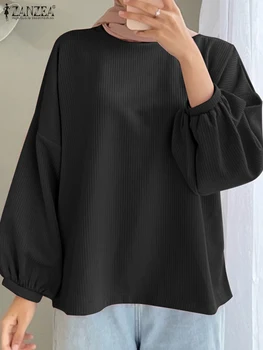2023 ZANZEA Женская Модная Однотонная Мусульманская Блузка С Круглым Вырезом, Рубашка С Пышными Рукавами, Элегантные Вечерние Топы Abaya, Винтажная Исламская Одежда