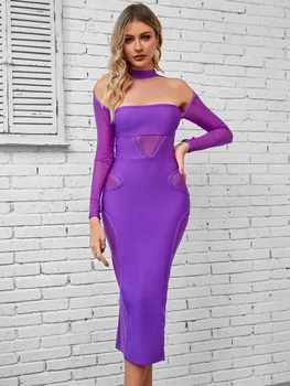 2023 Новое поступление, Фиолетовое бандажное платье для женщин, Эластичное колье с открытыми плечами и длинным рукавом, платье для вечеринки знаменитостей до середины икры, платье для вечеринки до середины икры