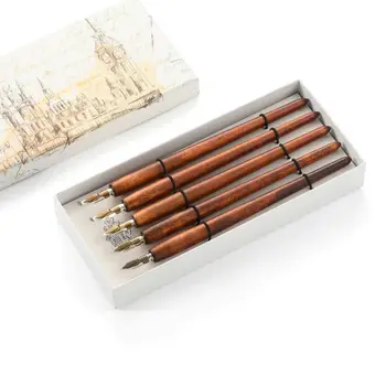 5 шт. Деревянная ручка в стиле литературного ретро с 5 наконечниками, антикварная ручка для каллиграфии, Офисные канцелярские принадлежности, инструменты для письма