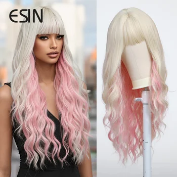 Синтетические волосы ESIN, длинные, волнистые, вьющиеся, белая блондинка с розовым париком с челкой, парики для женщин, парики для вечеринок, термостойкие