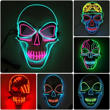 Светящаяся Неоновая маска-череп Ужаса, Неоновый декор вечеринки, Светящийся Скелет, Загорающаяся Страшная маска для украшения вечеринки на Хэллоуин, Карнавал.