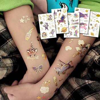 Наклейки с татуировками из мультфильмов и аниме для детей, детская татуировка золотого цвета, Единорог, перенос воды, наклейки для рук и лица, водонепроницаемые
