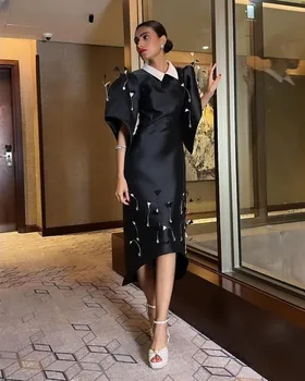 Черные Атласные Вечерние платья AsaNagi с V-образным вырезом и Половинчатыми рукавами, Асимметричное Женское Элегантное Вечернее платье 2023, Саудовская Аравия