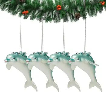 Рождественские украшения с дельфинами, 4шт рождественских блестящих украшений с голубыми дельфинами, Милые украшения с голубыми дельфинами, декор из выдувного стекла, Милые украшения