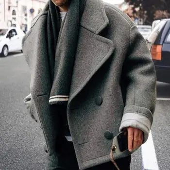 Шерстяное пальто с отворотом, стильные мужские двубортные шерстяные пальто с карманами на воротнике-лацкане для зимы, уличная одежда, мужская мода