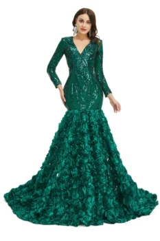Платья для выпускного вечера Hunter Изумрудно-зеленая Русалка с длинным рукавом 2023, V-образный вырез, 3D Цветочный шлейф, вечернее платье Gillter для торжественного случая
