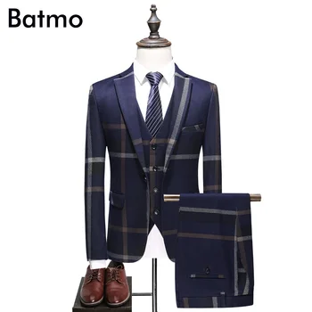 Batmo 2021, новое поступление, высококачественные клетчатые однобортные темно-синие повседневные костюмы для мужчин, мужское свадебное платье, большие размеры S-5XL 6102