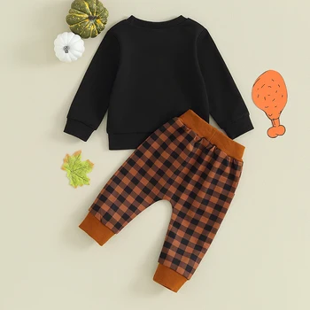 Комплект одежды для маленьких мальчиков на День Благодарения, Рубашки с буквенным принтом Индейки, Клетчатые брюки, Комплект осенне-зимних брюк